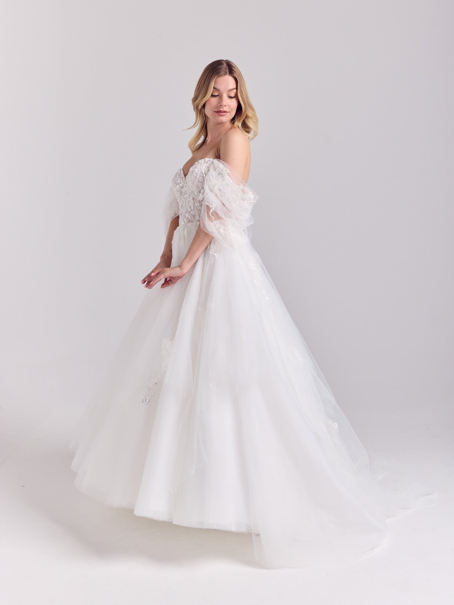 Off-Shoulder Shimmering Floral Appliqué Bridal Gown