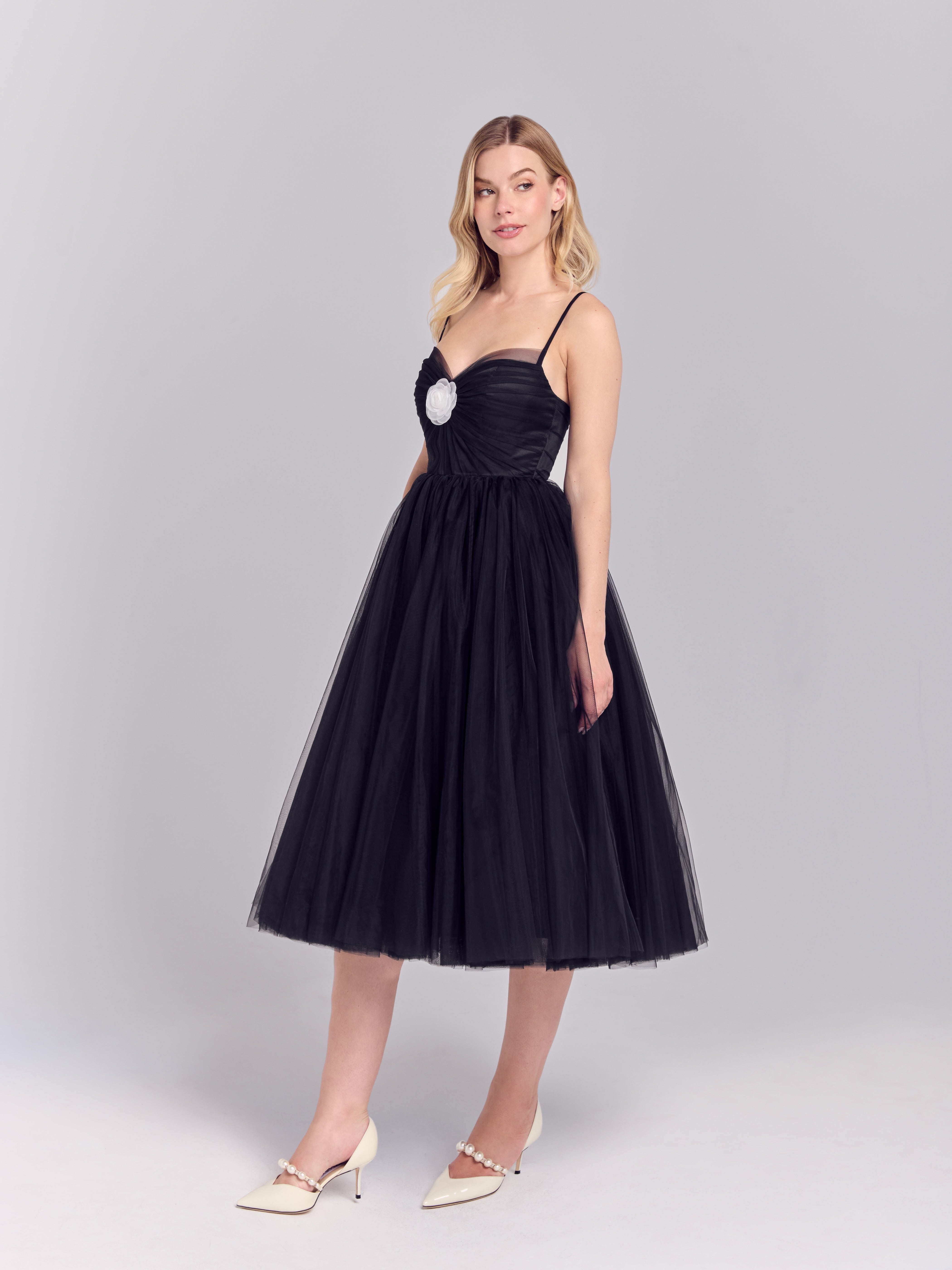 Camélia — Black Tulle Cocktail Dress with Sculpted Floral – La