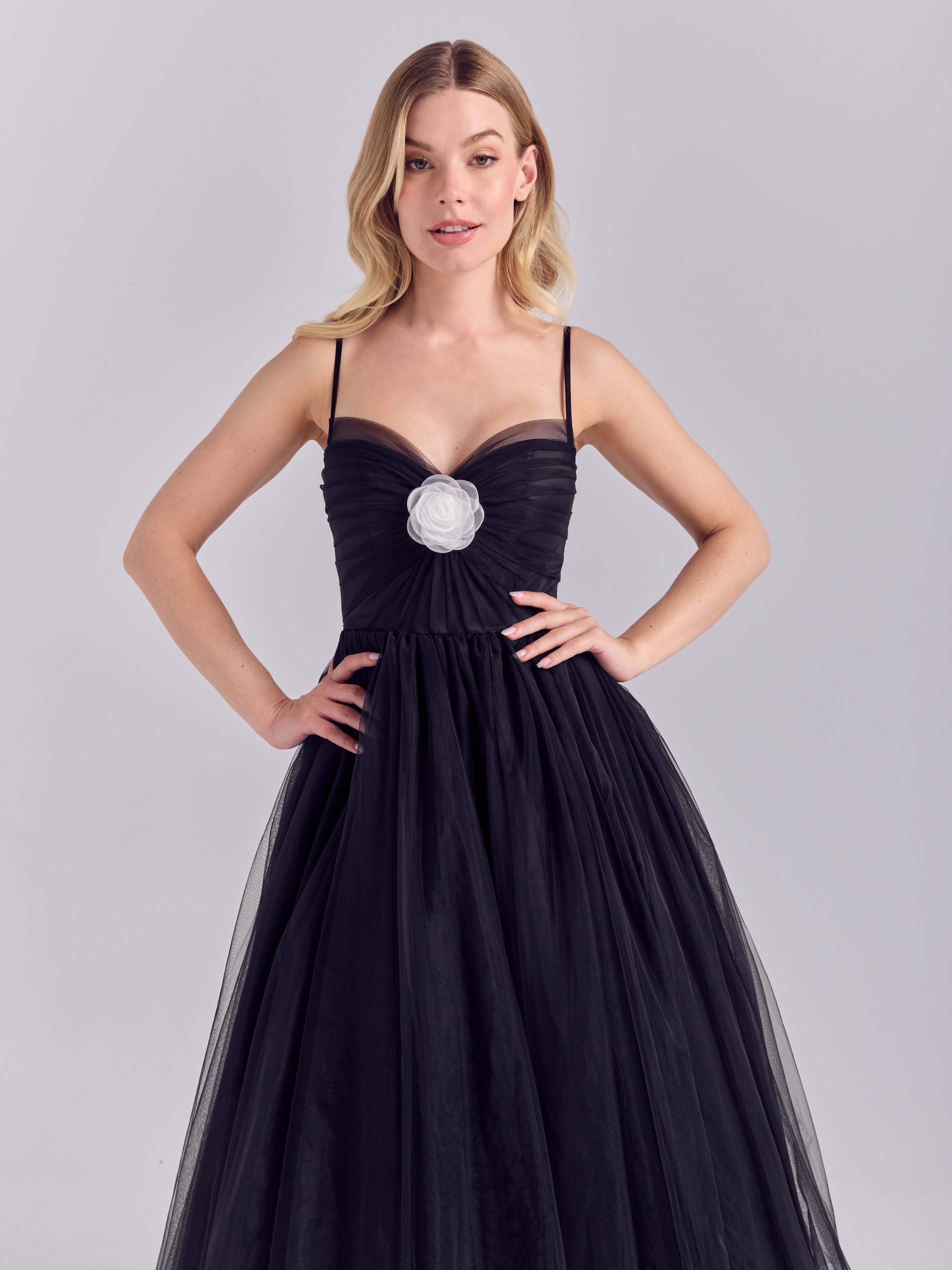 Camélia — Black Tulle Cocktail Dress with Sculpted Floral US Size 0