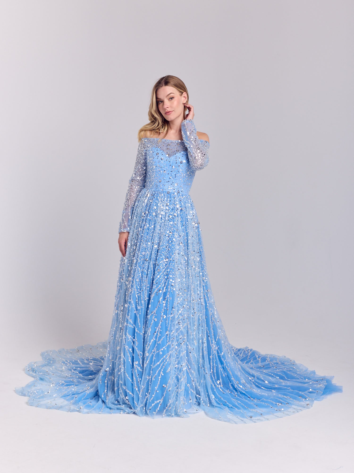 ice blue sparkly dress Beaded Petals Appliqued Ice Blue Glitter Evening Dress