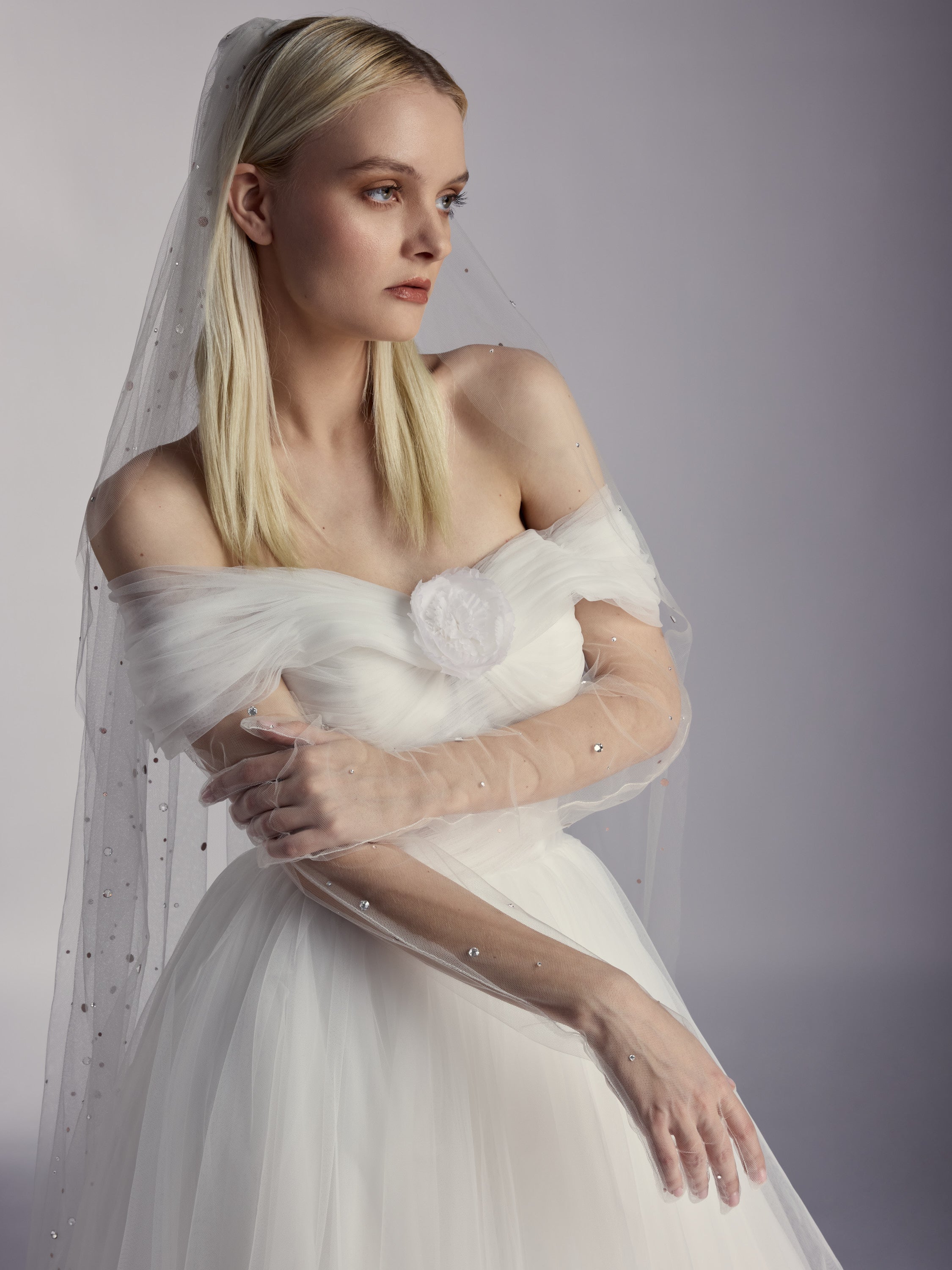 Péonie — Draped Off-Shoulder Tulle Ballgown with 3D Silk Peony