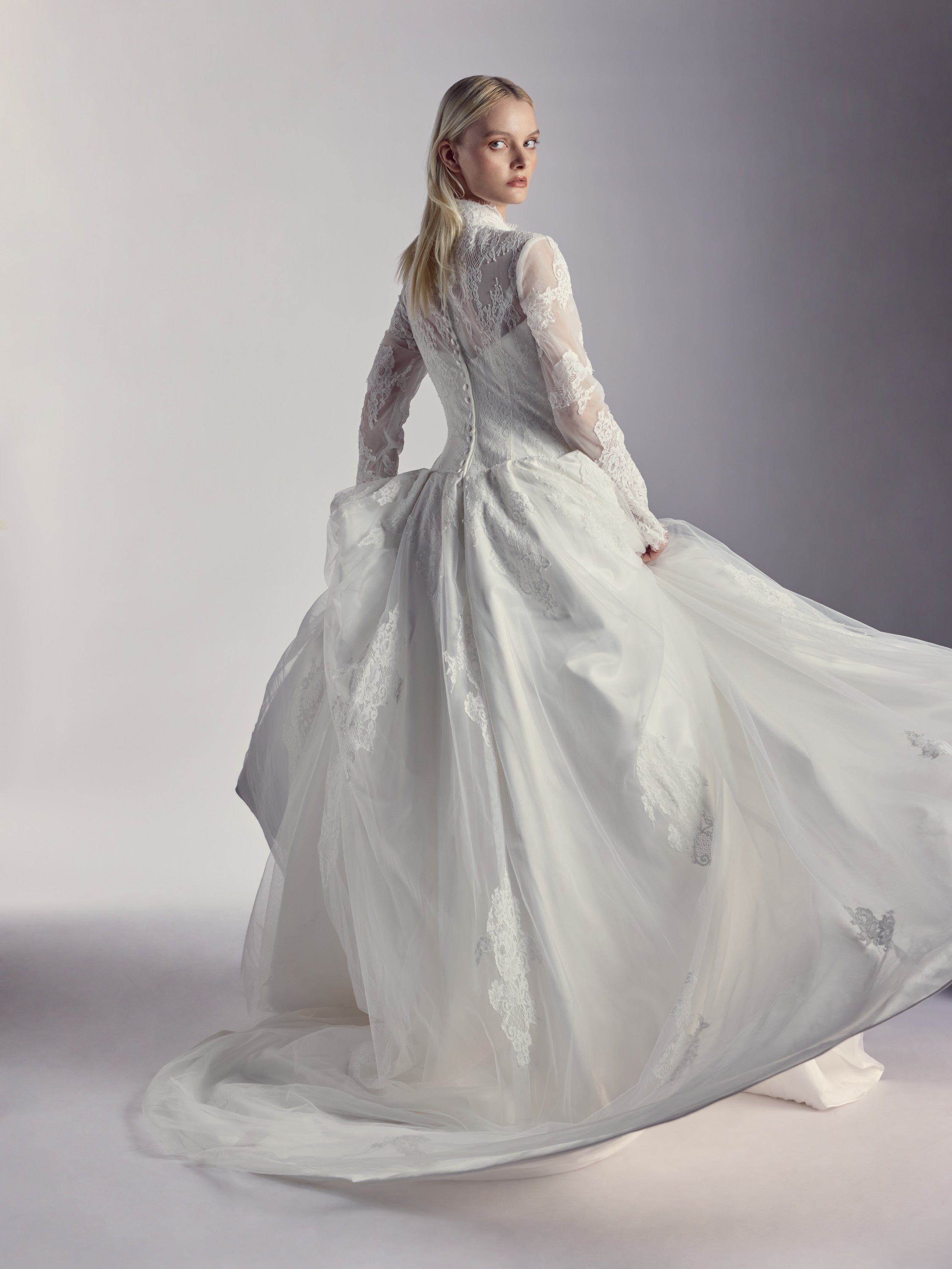 Éliane — Architectural lace gown grounded in satin